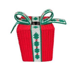 Vintage Handmade Red 3D‎ Christmas Present Needlepoint Tissue Box Cover